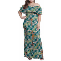Teal Palaka Hula Girls Seamless Hawaii Aloha Family Matching Off Shoulder Maxi Dress and Hawaiian Shirt LT7 Mom's Dress Teal - Polynesian Pride