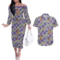 Lavender Palaka Hula Girls Seamless Hawaii Aloha Couples Matching Off The Shoulder Long Sleeve Dress and Hawaiian Shirt LT7 Lavender - Polynesian Pride