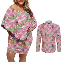 Lokelani Pink Palaka Hula Girls Seamless Hawaii Aloha Couples Matching Off Shoulder Short Dress and Long Sleeve Button Shirt LT7 Pink - Polynesian Pride