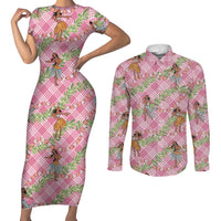 Lokelani Pink Palaka Hula Girls Seamless Hawaii Aloha Couples Matching Short Sleeve Bodycon Dress and Long Sleeve Button Shirt LT7 Pink - Polynesian Pride
