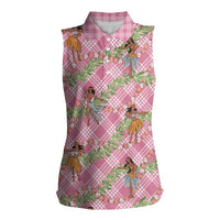 Lokelani Pink Palaka Hula Girls Seamless Hawaii Aloha Women Sleeveless Polo Shirt LT7 Female Pink - Polynesian Pride