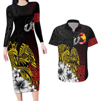 Personalized Papua New Guinea 50th Independence Anniversary Couples Matching Long Sleeve Bodycon Dress and Hawaiian Shirt Oro Tapa Mix Plumeria
