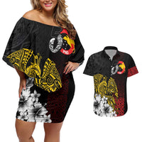 Personalized Papua New Guinea 50th Independence Anniversary Couples Matching Off Shoulder Short Dress and Hawaiian Shirt Oro Tapa Mix Plumeria