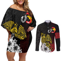 Personalized Papua New Guinea 50th Independence Anniversary Couples Matching Off Shoulder Short Dress and Long Sleeve Button Shirt Oro Tapa Mix Plumeria