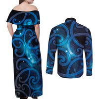 New Zealand Maori Matariki Couples Matching Off Shoulder Maxi Dress and Long Sleeve Button Shirt Galaxy Kowhaiwhai LT7 - Polynesian Pride