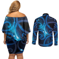 New Zealand Maori Matariki Couples Matching Off Shoulder Short Dress and Long Sleeve Button Shirt Galaxy Kowhaiwhai LT7 - Polynesian Pride