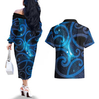 New Zealand Maori Matariki Couples Matching Off The Shoulder Long Sleeve Dress and Hawaiian Shirt Galaxy Kowhaiwhai LT7 - Polynesian Pride