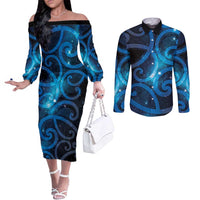 New Zealand Maori Matariki Couples Matching Off The Shoulder Long Sleeve Dress and Long Sleeve Button Shirt Galaxy Kowhaiwhai LT7 Galaxy - Polynesian Pride