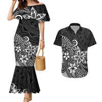 Polynesia Couples Matching Mermaid Dress And Hawaiian Shirt Plumeria Black Curves LT7 Black - Polynesian Pride
