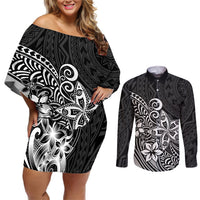 Polynesia Couples Matching Off Shoulder Short Dress and Long Sleeve Button Shirts Plumeria Black Curves LT7 Black - Polynesian Pride