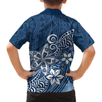 Hawaii Family Matching Outfits Polynesia Off Shoulder Long Sleeve Dress And Shirt Family Set Clothes Plumeria Navy Curves LT7