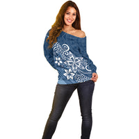 Polynesia Off Shoulder Sweater Plumeria Blue Curves LT7 - Polynesian Pride