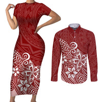 Polynesia Couples Matching Short Sleeve Bodycon Dress and Long Sleeve Button Shirts Plumeria Red Curves LT7 Red - Polynesian Pride