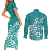 Polynesia Couples Matching Short Sleeve Bodycon Dress and Long Sleeve Button Shirts Plumeria Teal Curves LT7 - Polynesian Pride