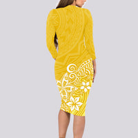 Polynesia Long Sleeve Bodycon Dress Plumeria Yellow Curves LT7 - Polynesian Pride