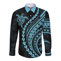 Polynesian Pride Long Sleeve Button Shirt Turtle Hibiscus Luxury Style - Aquamarine LT7 Unisex Aquamarine - Polynesian Pride