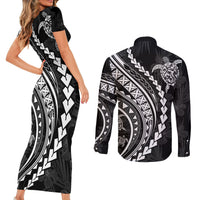Polynesian Pride Couples Matching Short Sleeve Bodycon Dress and Long Sleeve Button Shirts Turtle Hibiscus Luxury Style - Black LT7 - Polynesian Pride