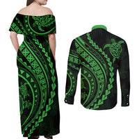 Polynesian Pride Couples Matching Off Shoulder Maxi Dress and Long Sleeve Button Shirts Turtle Hibiscus Luxury Style - Green LT7 - Polynesian Pride