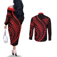 Polynesian Pride Couples Matching Off The Shoulder Long Sleeve Dress and Long Sleeve Button Shirts Turtle Hibiscus Luxury Style - Rose LT7 - Polynesian Pride