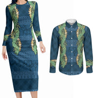 Hawai'i Paniolo Maile Twisted Lei Couples Matching Long Sleeve Bodycon Dress and Long Sleeve Button Shirt Cobalt Blue LT7 Cobalt Blue - Polynesian Pride