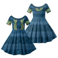Hawai'i Paniolo Maile Twisted Lei Family Matching Summer Maxi Dress and Hawaiian Shirt Cobalt Blue LT7 Daughter's Dress Cobalt Blue - Polynesian Pride