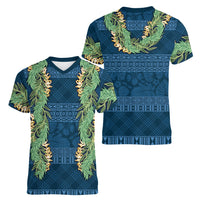 Hawai'i Paniolo Maile Twisted Lei Women V-Neck T-Shirt Cobalt Blue LT7 - Polynesian Pride