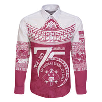 Personalised Fiji Adi Cakobau School Family Matching Long Sleeve Bodycon Dress and Hawaiian Shirt ACS Old Girls Lotus Mix Masi LT7 Dad's Shirt - Long Sleeve Crimson - Polynesian Pride