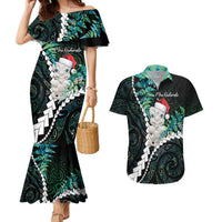 New Zealand Personalised Couples Matching Mermaid Dress and Hawaiian Shirt Meri Kirihimete Kowhaiwhai Mix Paua Shell - Emerald LT7 Green - Polynesian Pride
