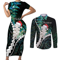 New Zealand Personalised Couples Matching Short Sleeve Bodycon Dress and Long Sleeve Button Shirt Meri Kirihimete Kowhaiwhai Mix Paua Shell - Emerald LT7 Green - Polynesian Pride