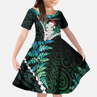 New Zealand Personalised Family Matching Long Sleeve Bodycon Dress and Hawaiian Shirt Meri Kirihimete Kowhaiwhai Mix Paua Shell - Emerald LT7 Daughter's Dress Green - Polynesian Pride