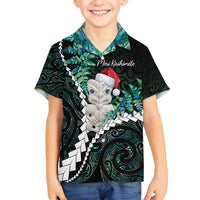 New Zealand Personalised Family Matching Long Sleeve Bodycon Dress and Hawaiian Shirt Meri Kirihimete Kowhaiwhai Mix Paua Shell - Emerald LT7 Son's Shirt Green - Polynesian Pride