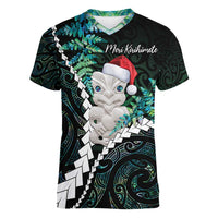 New Zealand Personalised Women V-Neck T-Shirt Meri Kirihimete Kowhaiwhai Mix Paua Shell - Emerald LT7 Female Green - Polynesian Pride