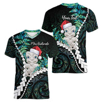 New Zealand Personalised Women V-Neck T-Shirt Meri Kirihimete Kowhaiwhai Mix Paua Shell - Emerald LT7 - Polynesian Pride