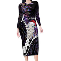 New Zealand Personalised Family Matching Long Sleeve Bodycon Dress and Hawaiian Shirt Meri Kirihimete Kowhaiwhai Mix Paua Shell - Amethys LT7 Mom's Dress Purple - Polynesian Pride