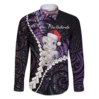 New Zealand Personalised Family Matching Mermaid Dress and Hawaiian Shirt Meri Kirihimete Kowhaiwhai Mix Paua Shell - Amethys LT7 Dad's Shirt - Long Sleeve Purple - Polynesian Pride