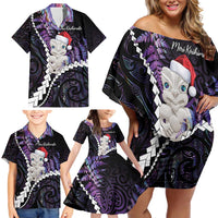 New Zealand Personalised Family Matching Off Shoulder Short Dress and Hawaiian Shirt Meri Kirihimete Kowhaiwhai Mix Paua Shell - Amethys