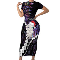 New Zealand Personalised Family Matching Short Sleeve Bodycon Dress and Hawaiian Shirt Meri Kirihimete Kowhaiwhai Mix Paua Shell - Amethys LT7 Mom's Dress Purple - Polynesian Pride