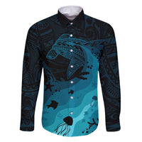 Polynesian Shark Family Matching Long Sleeve Bodycon Dress and Hawaiian Shirt Under The Waves LT7 Dad's Shirt - Long Sleeve Dark Blue - Polynesian Pride