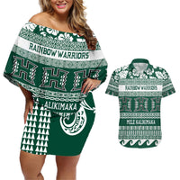 Hawaii Rainbow Warriors Christmas Couples Matching Off Shoulder Short Dress and Hawaiian Shirt Kakau Motifs LT7 Green - Polynesian Pride