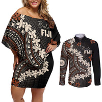 Bula Fiji Women's Day Couples Matching Off Shoulder Short Dress and Long Sleeve Button Shirt Classic Masi Tapa