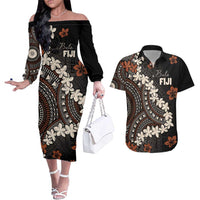 Bula Fiji Women's Day Couples Matching Off The Shoulder Long Sleeve Dress and Hawaiian Shirt Classic Masi Tapa