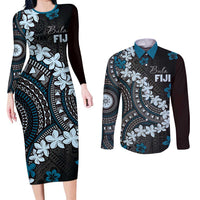 Bula Fiji Women's Day Couples Matching Long Sleeve Bodycon Dress and Long Sleeve Button Shirt Indigo Masi Tapa