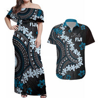 Bula Fiji Women's Day Couples Matching Off Shoulder Maxi Dress and Hawaiian Shirt Indigo Masi Tapa