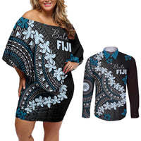 Bula Fiji Women's Day Couples Matching Off Shoulder Short Dress and Long Sleeve Button Shirt Indigo Masi Tapa