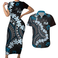 Bula Fiji Women's Day Couples Matching Short Sleeve Bodycon Dress and Hawaiian Shirt Indigo Masi Tapa