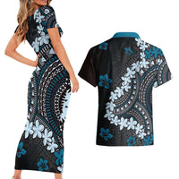 Bula Fiji Women's Day Couples Matching Short Sleeve Bodycon Dress and Hawaiian Shirt Indigo Masi Tapa