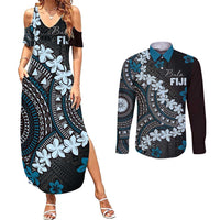 Bula Fiji Women's Day Couples Matching Summer Maxi Dress and Long Sleeve Button Shirt Indigo Masi Tapa