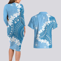 Bula Fiji Women's Day Couples Matching Long Sleeve Bodycon Dress and Hawaiian Shirt Turquoise Masi Tapa
