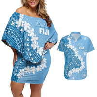 Bula Fiji Women's Day Couples Matching Off Shoulder Short Dress and Hawaiian Shirt Turquoise Masi Tapa