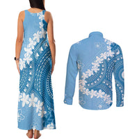 Bula Fiji Women's Day Couples Matching Tank Maxi Dress and Long Sleeve Button Shirt Turquoise Masi Tapa